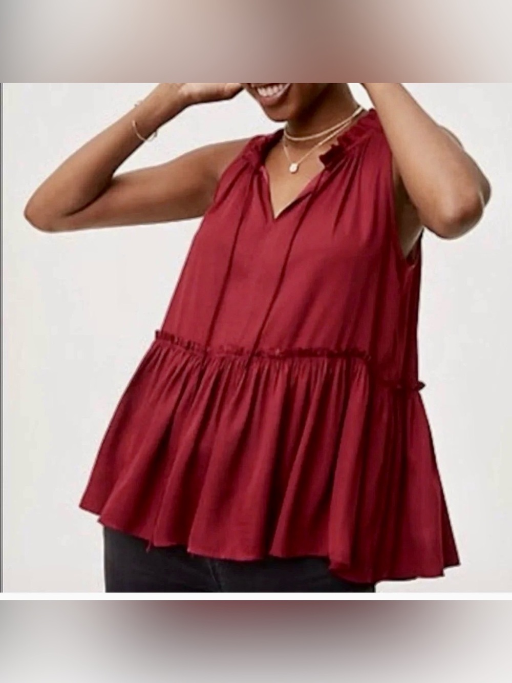 Ann Taylor Loft Shirred Peplum Shell Top in Rustic Red, Sz M